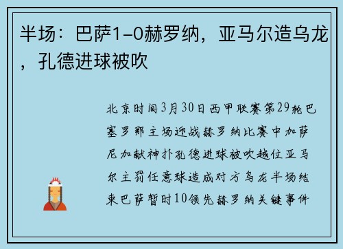 半场：巴萨1-0赫罗纳，亚马尔造乌龙，孔德进球被吹