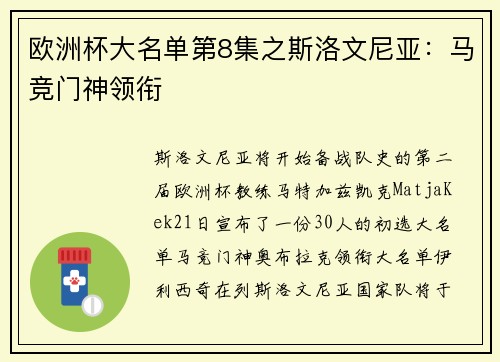 欧洲杯大名单第8集之斯洛文尼亚：马竞门神领衔